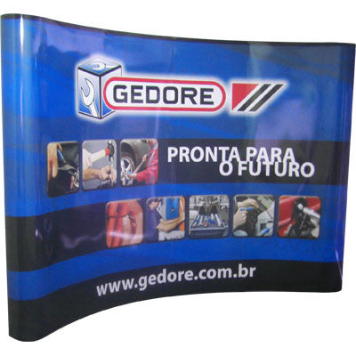 display pop up pantográfico backdrop montado stand empresa ferramentas